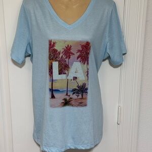 Light Blue V-Neck T-Shirt with LA Palm Tree Graphic